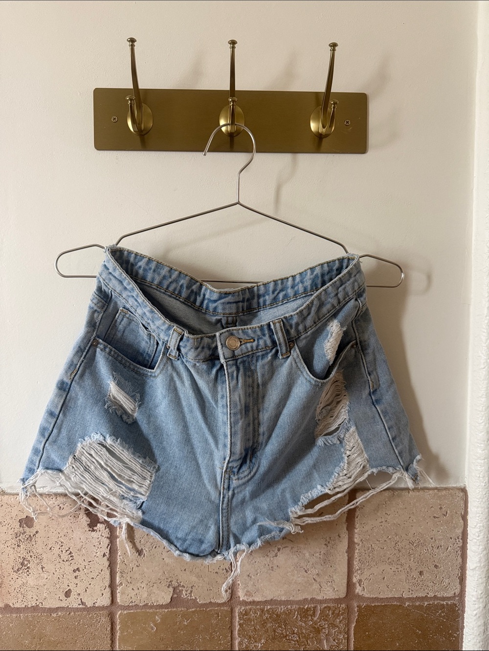 Light Blue Distressed Denim Shorts - Women